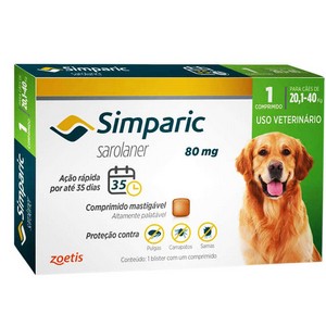 Antipulgas Zoetis Simparic 80 mg para Cães 20,1 a 40 Kg - 1 comprimido